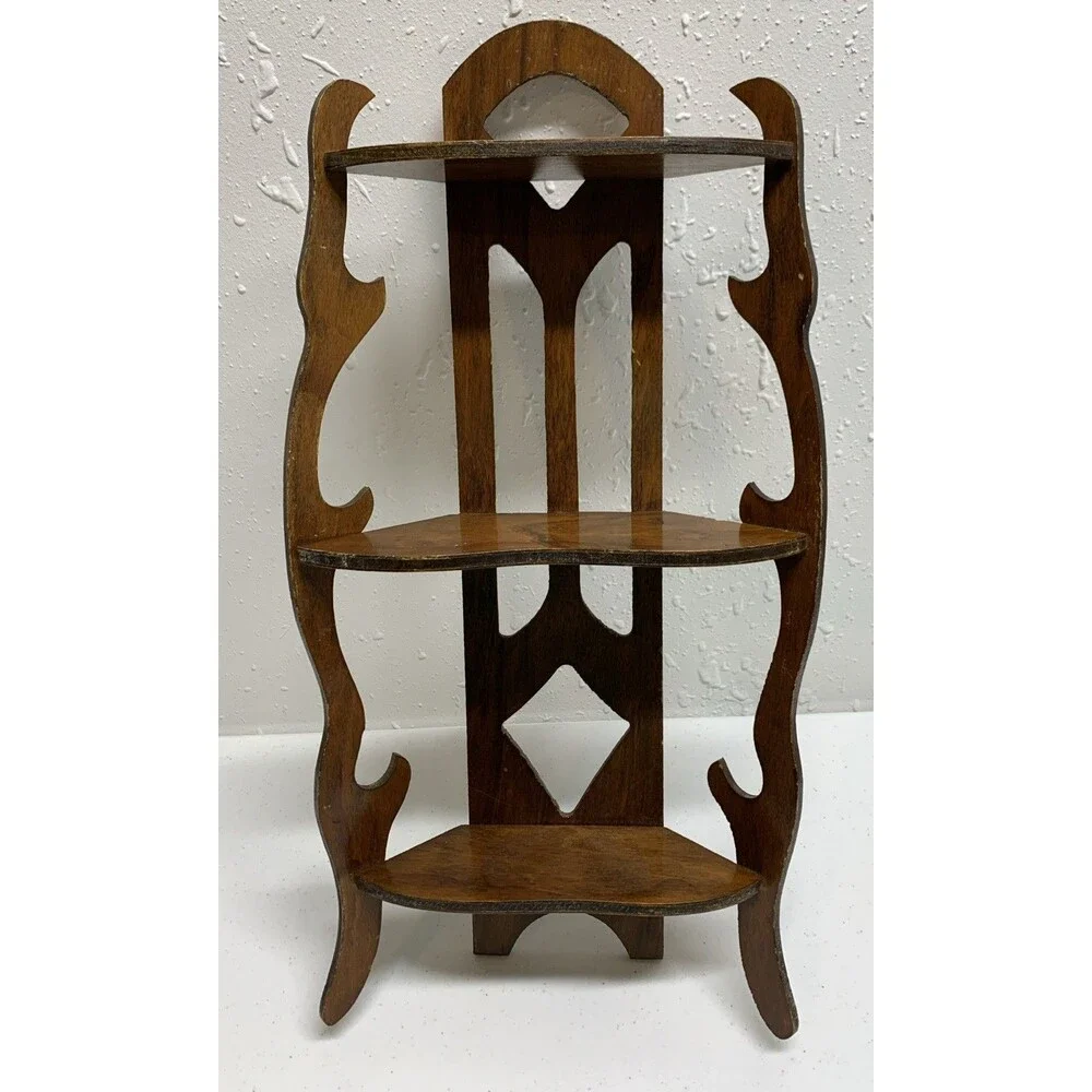 Vintage Wood Cut Out MCM Wall Shelf 3 Tier Figurine Antique Trinket